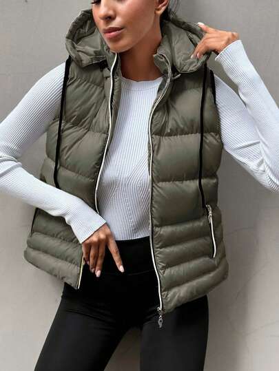 SHEIN Cottnline Zip Up Drawstring Hooded Puffer Vest Coat