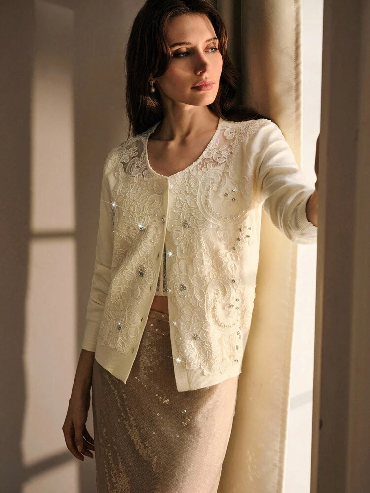 EMBROIDERY RHINESTONE CARDIGAN