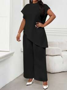 SHEIN Lady 大码女式纯色圆领蝙蝠袖宽松不对称下摆优雅衬衫 - 黑色 - 查看 5