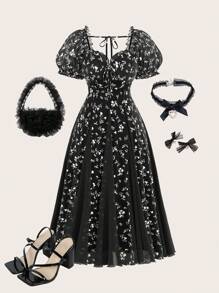 SHEIN MOD Robe longue à manches bouffantes avec ourlet asymétrique et imprimé floral de style rétro élégant pour grande taille, robes élégantes pour fête, robe d'anniversaire pour femmes, fête, Halloween