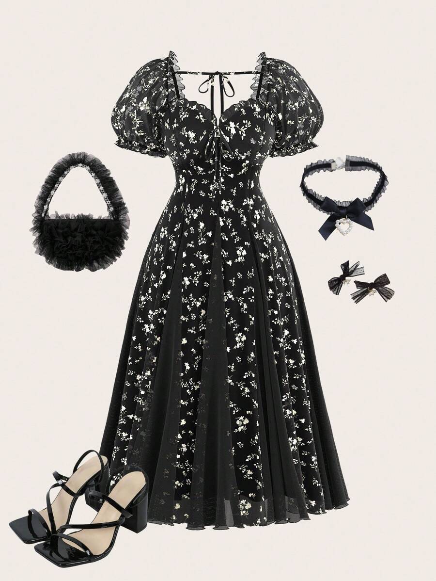 SHEIN MOD Robe longue à manches bouffantes avec ourlet asymétrique et imprimé floral de style rétro élégant pour grande taille, robes élégantes pour fête, robe d'anniversaire pour femmes, fête, Halloween