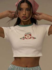 MUSERA Tricou scurt cu imprimeu, guler contrastant, strâmt, drăguț, casual, grafic, tricou streetwear, festival, toamnă, boho, stil rustic