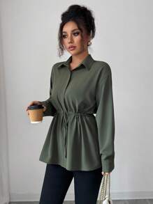 SHEIN Elenzya Women's Elegant French Office Commute Street Snap Utility Shirt, Featuring Shirt Collar, Front Placket, Waist Drawstring, Bowknot, Long Sleeve, Suitable For Spring, Autumn And Winter - Army Green - View 6