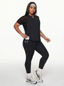 Easithlete Women's Plus Size Mesh Patchwork Short Sleeve Top And Leggings Sports Suit Plus Size Workout Set