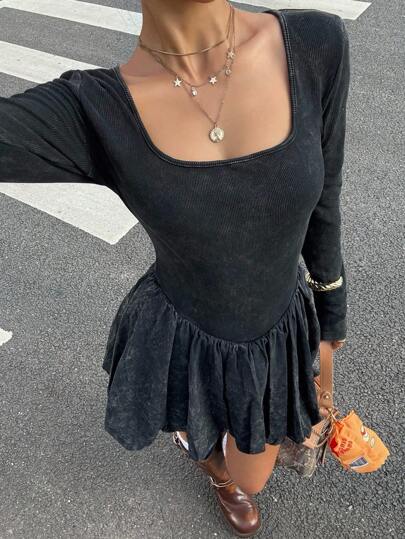 Muchica Women's Solid Color Square Neck Long Sleeve Mini Dress,Y2K Clothes,Streetwear,Fall Clothes For Women