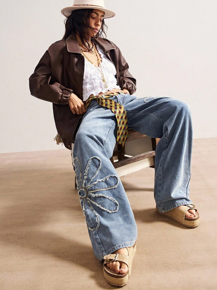 Bohemela 女式休闲纯色梭织直筒牛仔裤 - 藍色 - 查看 3