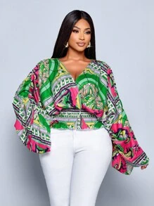 SOLERSUN Plus Size Women's Casual V-Neck Loose Floral Print Long Sleeve Blouse, Versatile Top For Commuting, Dating, Office, Vacation - Green - View 3