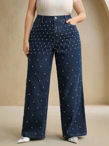 Anewsta Plus Size Fashion Beaded Embellished Straight Leg Jeans For Women, Suitable For Festival, Casual, Elegant