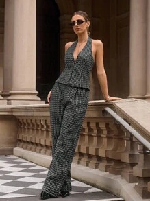 Lavishia Black & White Plaid Tweed V-Neck Sleeveless Buttoned Crop Top + Fitted Straight Leg Pants Women's 2 Pieces Set, Suitable For Early Autumn Commuting - Black - View 8