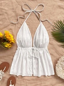 Soleia Casual V-Neck Tie Backless Textured Fabric Red Tank Top