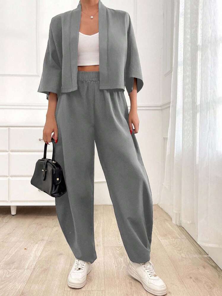 EURMUSE Women's Loose Casual Short Cardigan And Pants Cozy Two Piece Set - Grey - View 6