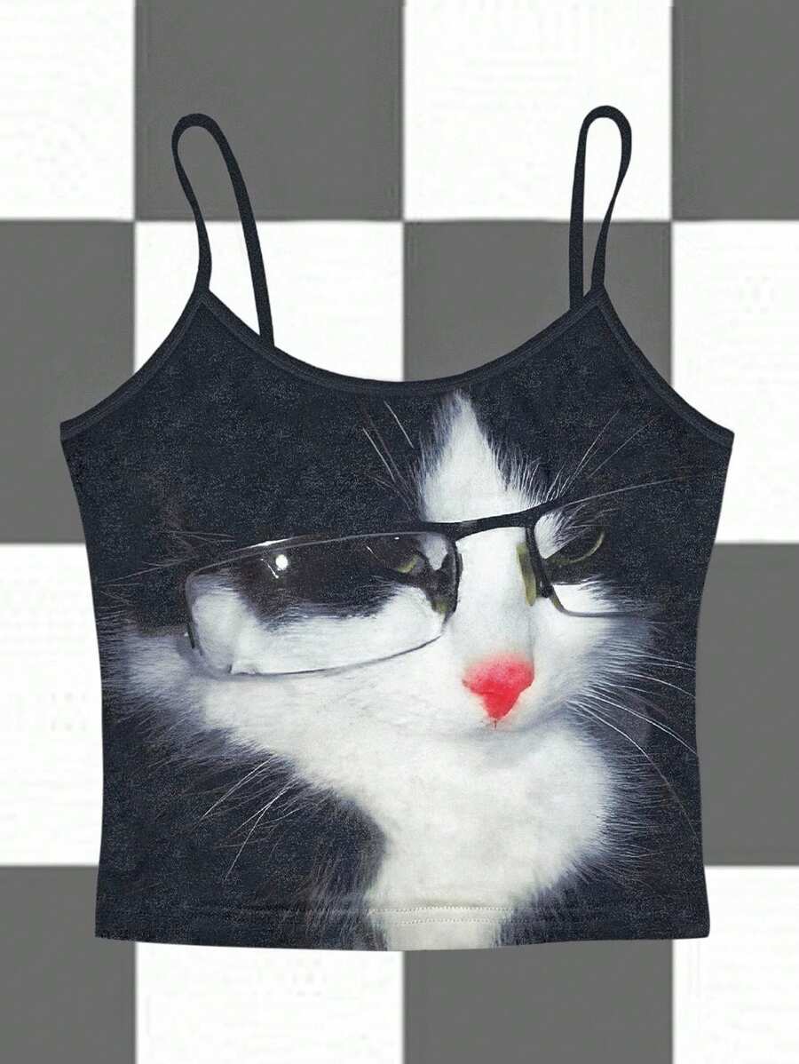 INAWLY 戴眼镜的猫咪图案吊带背心，女式学院风时尚图案上衣，适合日常穿着 - 黑色 - 查看 1
