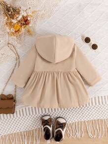 SHEIN Vintaside Kids 女婴冬季时尚休闲简约单排扣卡其色长袖连帽风衣外套，带棕色毛皮衬里，适合上学、日常拍摄、旅行