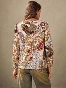 Wildy New Autumn Bohemian Casual Resort Long Sleeve Simple Teacher Blouse, Vacation Boho Paisley Top, 70s Western Blouse - Brown - View 5