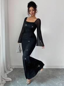 Elenzga 女式网眼拼布亮片粉腰修身正式黑色中长连衣裙，优雅适合日常、派对和约会场合，适合女性秋季穿着 - 黑色 - 查看 5