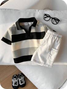 SHEIN 2 件装男婴休闲条纹 Polo 衫和白色短裤套装，适合生日派对、晚会、演出、婚礼、迎婴会 - 彩色 - 查看 1