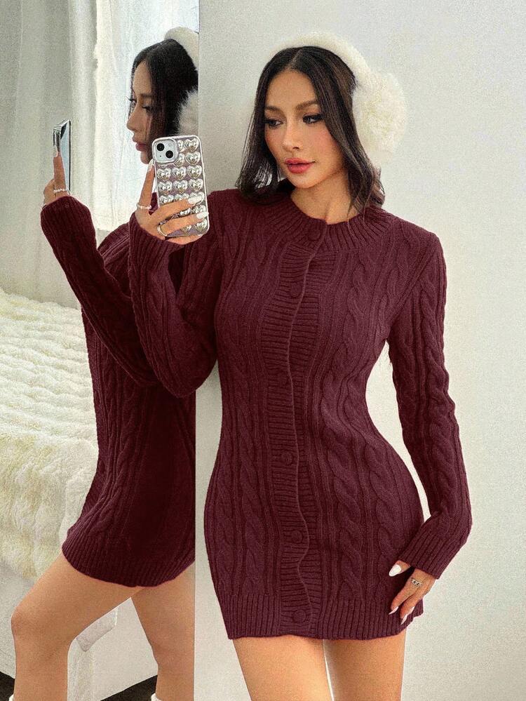 EURMUSE Christmas Fur Collar Cable Knit Bodycon Sweater Dress,Winter Dresses For Women,Dresses For Women,Jumpers For Women,Winter Dresses - Burgundy - View 5