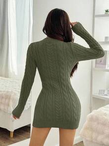 EURMUSE Robe pull moulante en tricot torsadé avec col en fourrure de Noël - Militaire verte - Voir 2