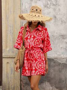 Brillora 女士全印花前扣系带休闲连体裤，波西米亚风，波西米亚风女装 - 粉色 - 查看 3