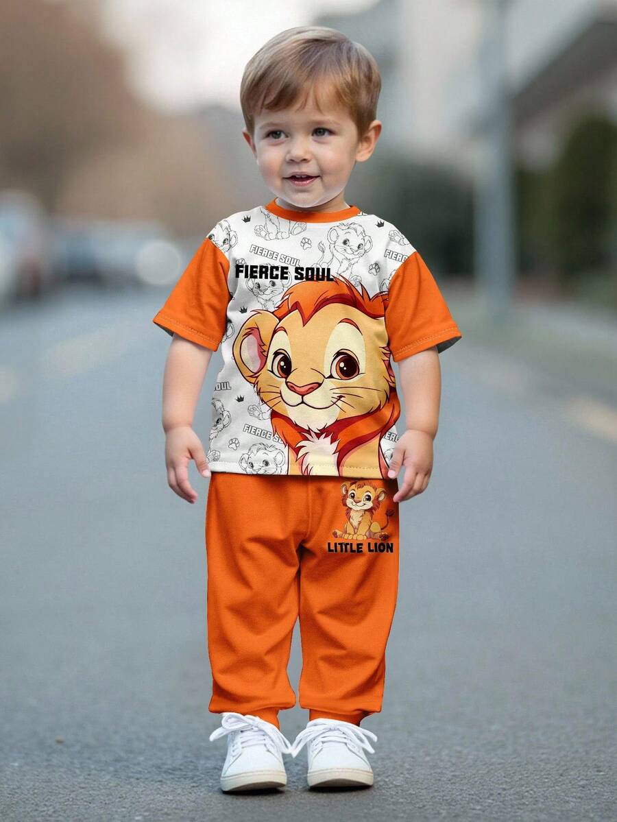 SHEIN 男宝宝休闲卡通老虎印花圆领短袖上衣和裤子套装