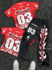 男童休闲舒适简约圆领短袖T恤和喇叭裤套装，03，勇气，涂鸦，街头风，童装精选系列，日常基础款，快乐儿童，儿童粉彩色系，机车风，家庭旅行，快乐时光，我爱妈妈，我爱爸爸 - 彩色 - 查看 2