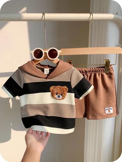 SHEIN 2件套男婴可爱卡通熊条纹连帽短袖上衣和短裤套装，夏季