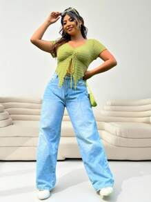 Solflare Plus Drawstring Front Asymmetrical Hem Tee - Lime Green - View 4