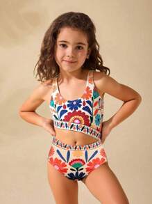 SHEIN 少女碎花针织连体泳衣 - 彩色 - 查看 1