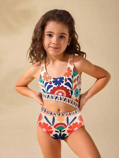 SHEIN 少女碎花针织连体泳衣