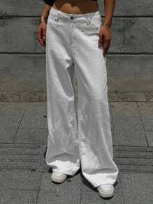 DAZY 女士小众提花牛仔裤，宽松直筒阔腿裤，垂坠长裤，高腰休闲裤 - 白色 - 查看 6