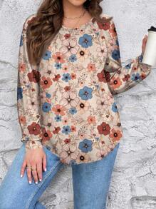 EMERY ROSE 大码女式休闲全身复古花卉印花宽松插肩袖圆领 T 恤