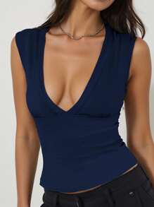 INAWLY 女式纯色深V领性感修身吊带背心 - 寶藍色 - 查看 3