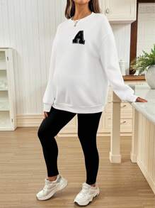 SHEIN 2pcs Maternity Contrast Color Print Round Neck Long Sleeve Solid Color Pants Set  Fall Clothes - Black and White - View 7
