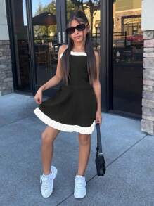 SHEIN Leap Crew Nova Glow Tween Girls Color Block Cropped Waist Midi Dress, Fashionable Casual Versatile Suitable For Any Occasions - Black and White - View 4