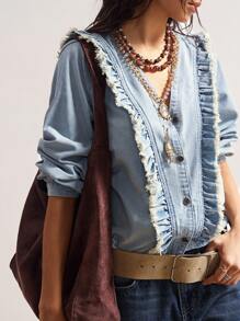 Bohemela 波西米亚西部牛仔乡村度假休闲梭织V领长袖荷叶边下摆女式衬衫 - 藍色 - 查看 4