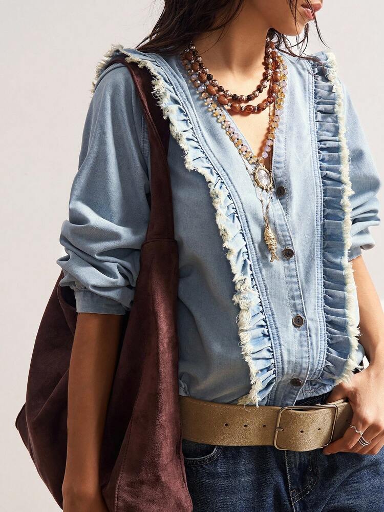 Bohemela 波西米亚西部牛仔乡村度假休闲梭织V领长袖荷叶边下摆女式衬衫 - 藍色 - 查看 4