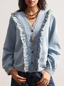 Bohemela 波西米亚西部牛仔乡村度假休闲梭织V领长袖荷叶边下摆女式衬衫 - 藍色 - 查看 6