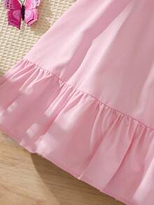 Elladie kids Vestido elegante para niña con cuello redondo, mangas farol, decoración de lazo exagerado y pliegues en contraste de color - Rosa - Ver 9