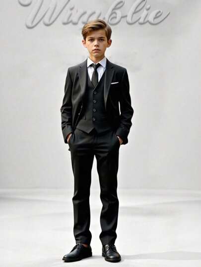 SHEIN 6pcs/Set Tween Boy Gentleman 6 Pieces Set: Long Sleeve Notched Lapel Blazer, Waistcoat, Long Sleeve Collared Shirt, Trousers With Bowknot , Tie, Suitable For Elegant Birthday Party, Wedding, Anniversary, Christening, Pageboy