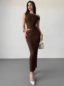 Firerie Women's Elegant Minimalist Sexy Fashionable Outdoor, Vacation, Music Festival Ruched Asymmetric Shoulder Tight Dress, Apricot Color Formal Dresses For Wedding Guest,Wedding Guest Dress,Prom Dress