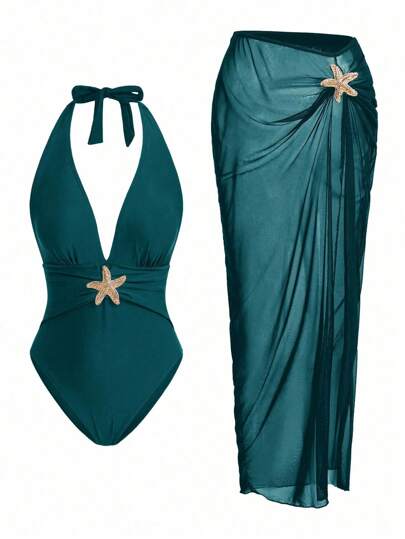 Swim Oasis 1 pieza Elegante y romántico traje de baño de una pieza con decoración de estrella de mar, conjunto de lujo