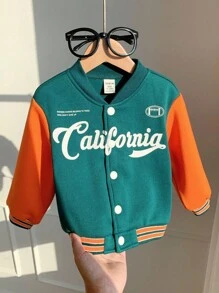 SHEIN Áo khoác bóng chày lót lông cừu ấm áp, kiểu dáng thường ngày cho bé trai/bé gái, màu cam/xanh lá cây, chất liệu dày dặn, có khóa kéo, thích hợp cho mùa thu/đông. - Nhiều màu - Xem 3