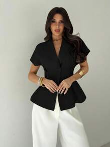 Firerie 女士休闲/办公亚麻束腰短袖西装外套，杏色，秋冬夏季 - 黑色 - 查看 5