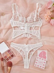 SHEIN 2件套女士性感花卉刺绣透明网眼内衣套装，适合外出穿着 - 白色 - 查看 2