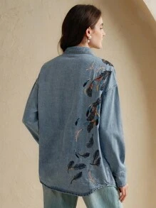 Anewsta 时尚女士珍珠刺绣蓝色牛仔衬衫 - 藍色 - 查看 3