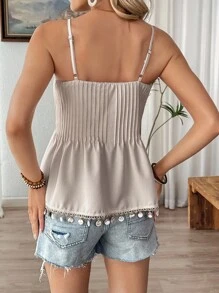 Breezaya Áo hai dây xếp ly ren trơn không tay mùa hè cho nữ - Màu be - Xem 2