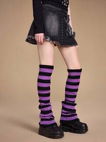 ROMWE Grunge Punk 1 双女式纯色针织超长腿套，深紫色和黑色条纹，适合所有季节 - 彩色 - 查看 3