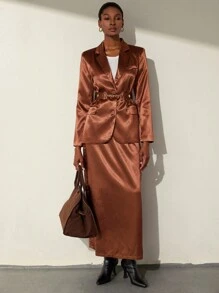 GENKIRA 复古金属扣缎面腰带，搭配女士西装外套和中长裙，优雅的秋季教师装 - 棕色 - 查看 3