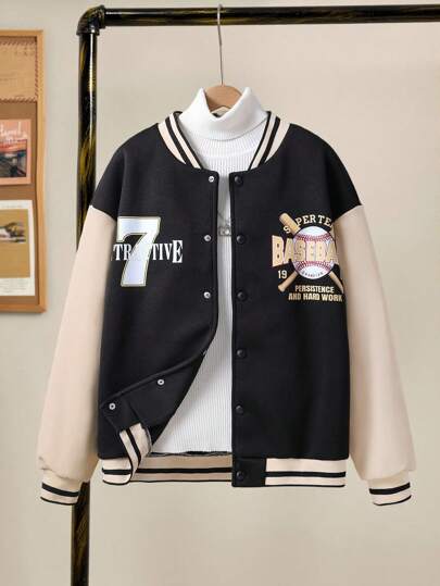 SHEIN Explorewe Teen Girl Casual Patchwork PU Leather Sleeve Loose Thick Bomber Jacket, Streetwear For Back To School 2025, Campus & Sports Fall Winter