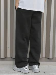 SHEIN Teens/Youth Boys' Casual Letter Slogan Print Knit Pants, All-Match Versatile Suitable For Commuting, School, Daily Casual, Travel, Outdoor Party, Sports, Autumn/Winter Black Sweatpants Wide Leg Sweatpants Baggy Sweatpants New York Sweatpants